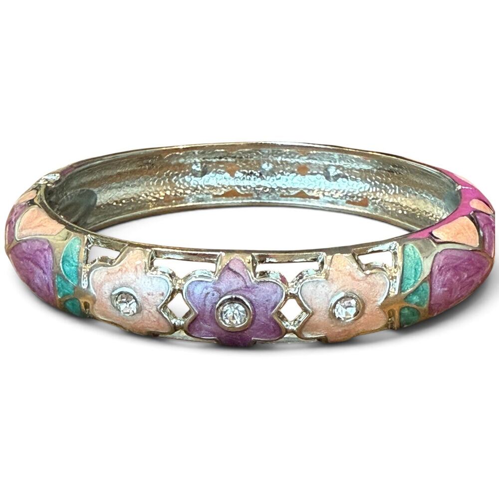 MultiColor Floral Enamel Bangle Bracelet Pearl Pink Purple